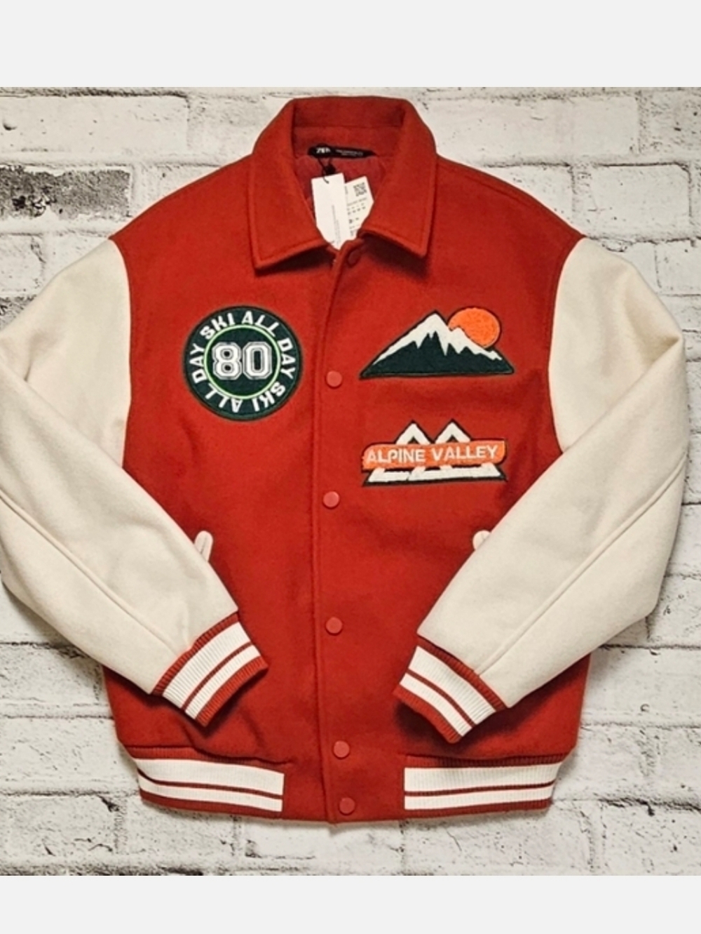 Zara Alpine Valley Varsity Jacket Red Ski Patch Wool Blend M - Picture 3 of 11